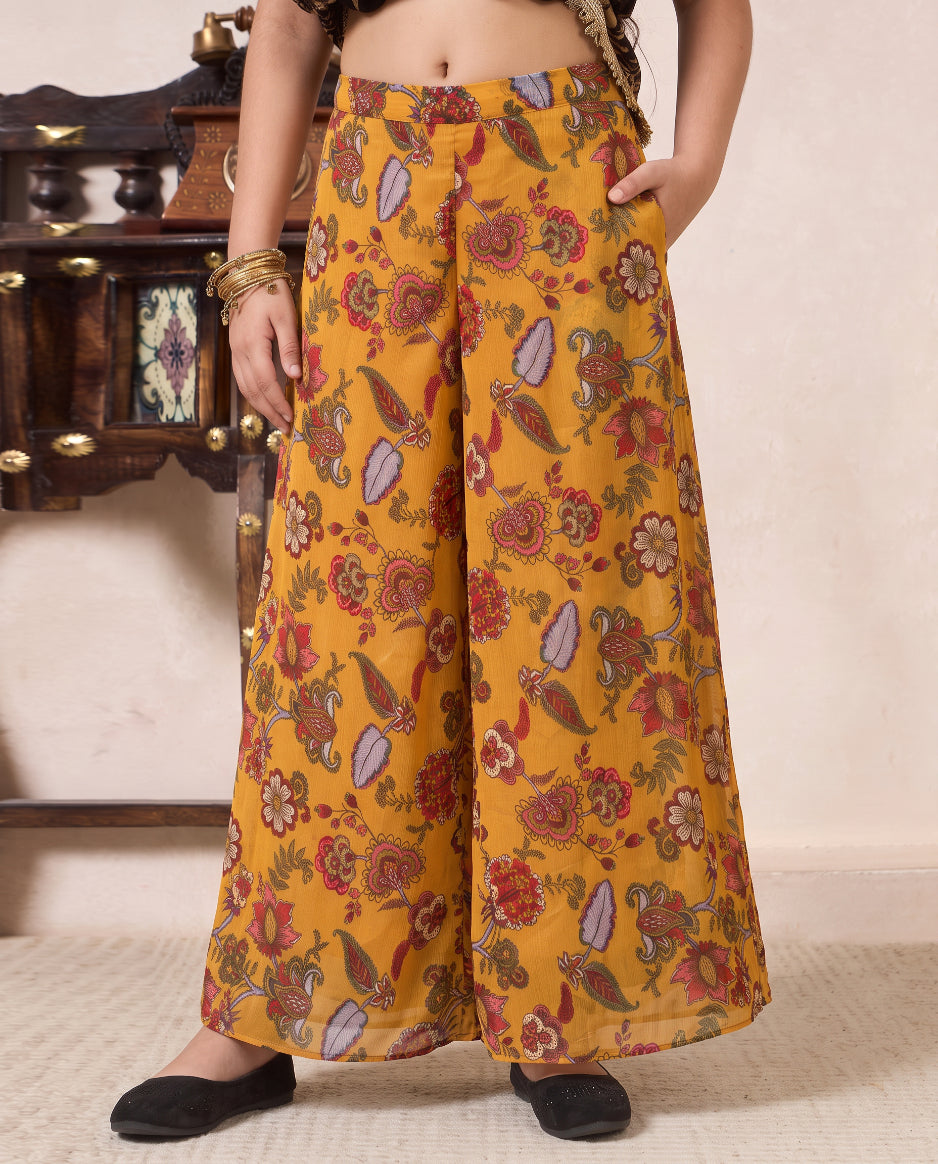 Girl's Mustard Paisley Print Chiffon Peplum Top & Palazzo Set