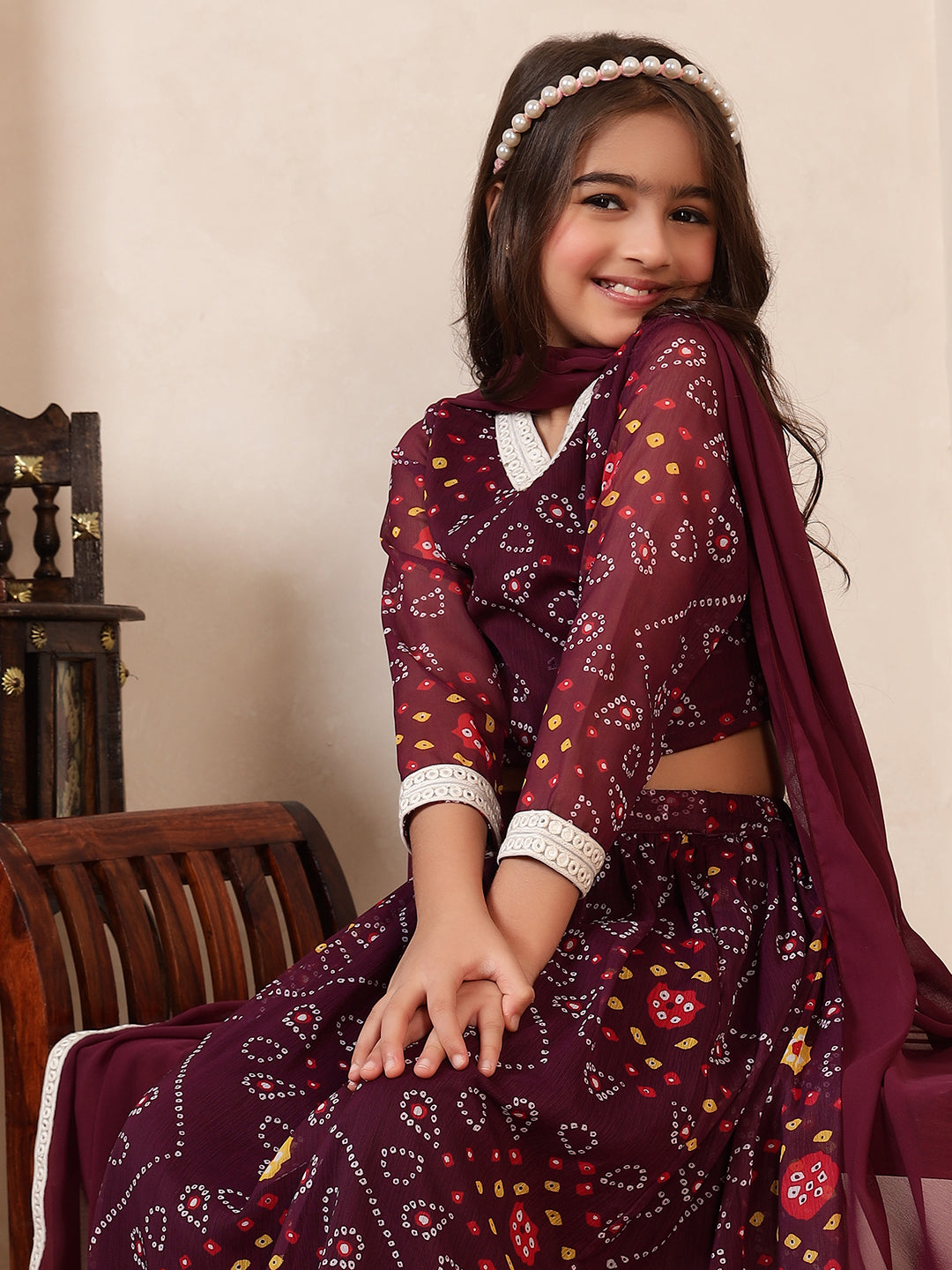 Wine Bandhani 3 Pieces Co-Ord Set