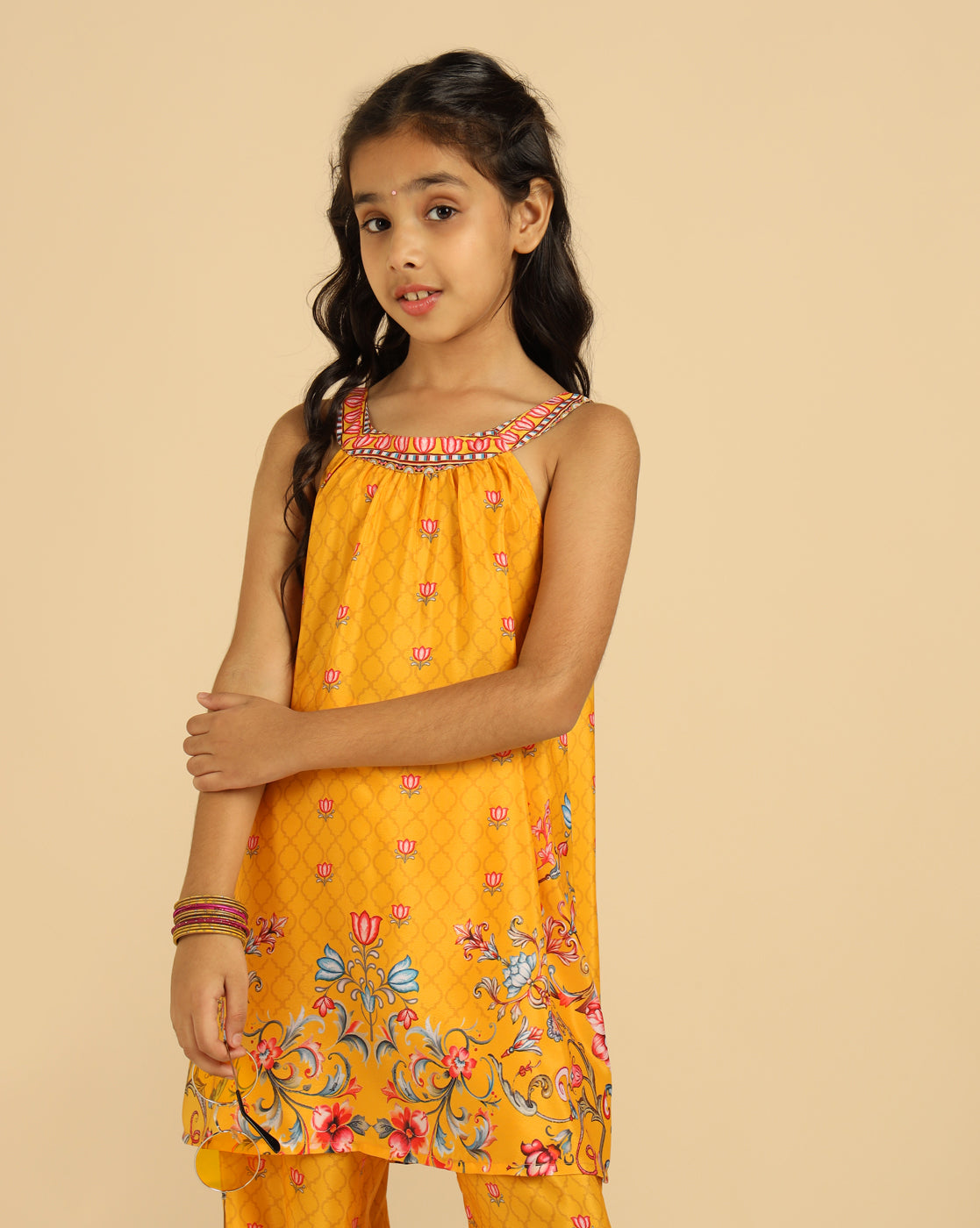 Yellow Halter Neck Top With Gathered Pant Indo Western Girls Co-Ord Set