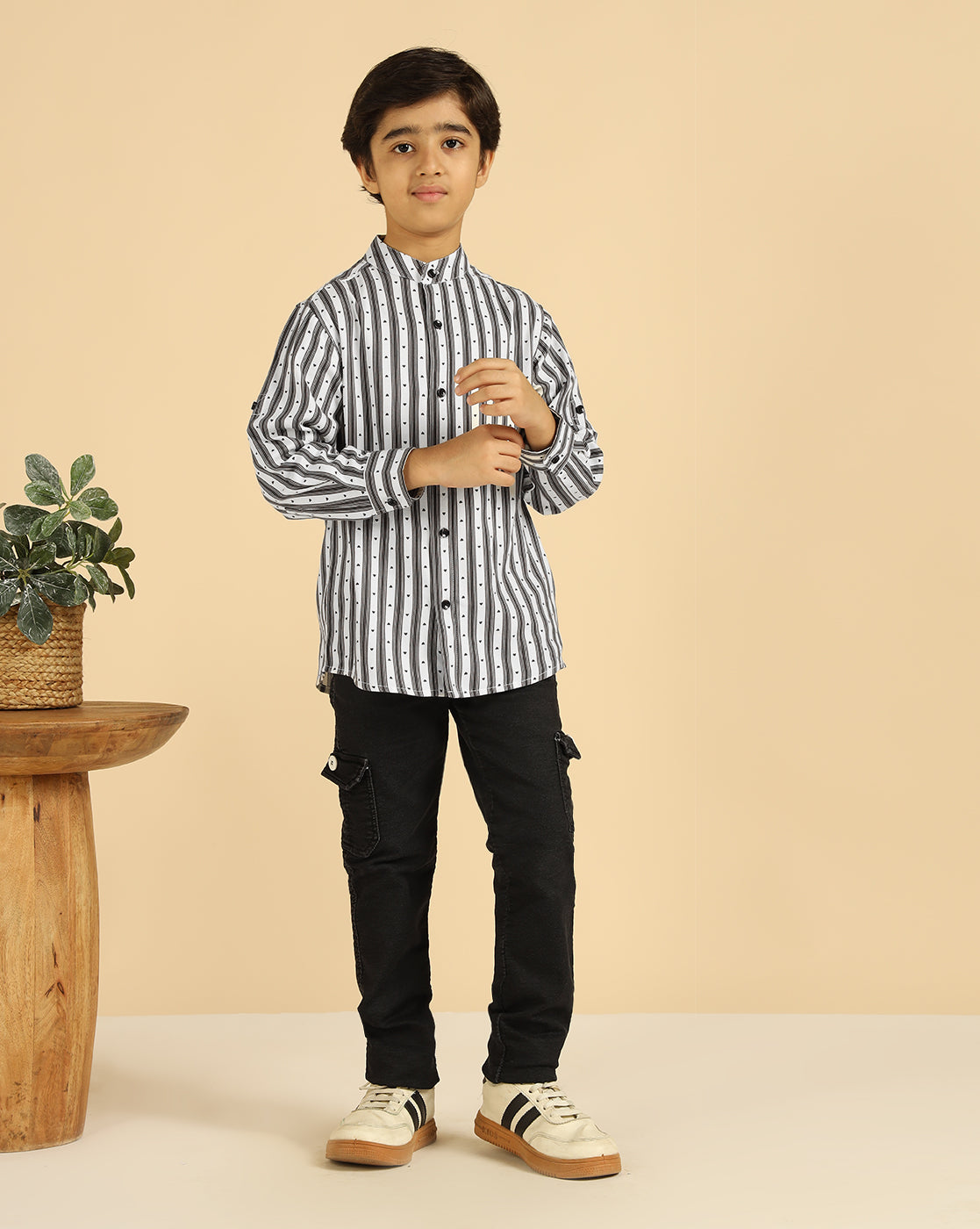 Black Striped Heart Printed Boys Shirt