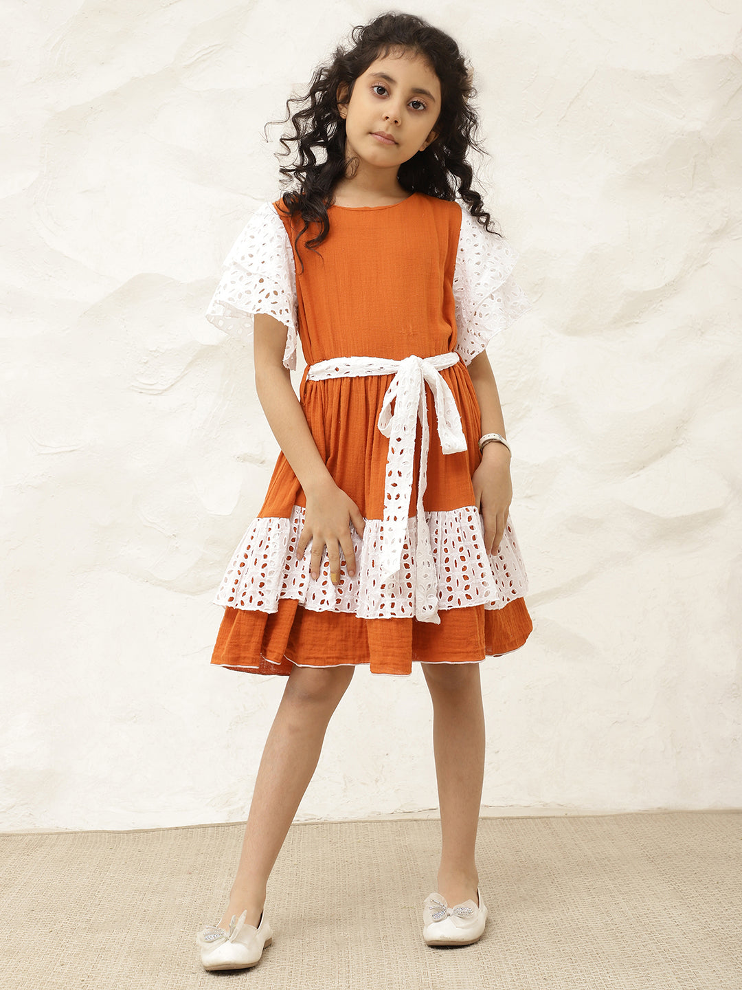Tan Brown Pure Cotton Gauze Tiered Dress