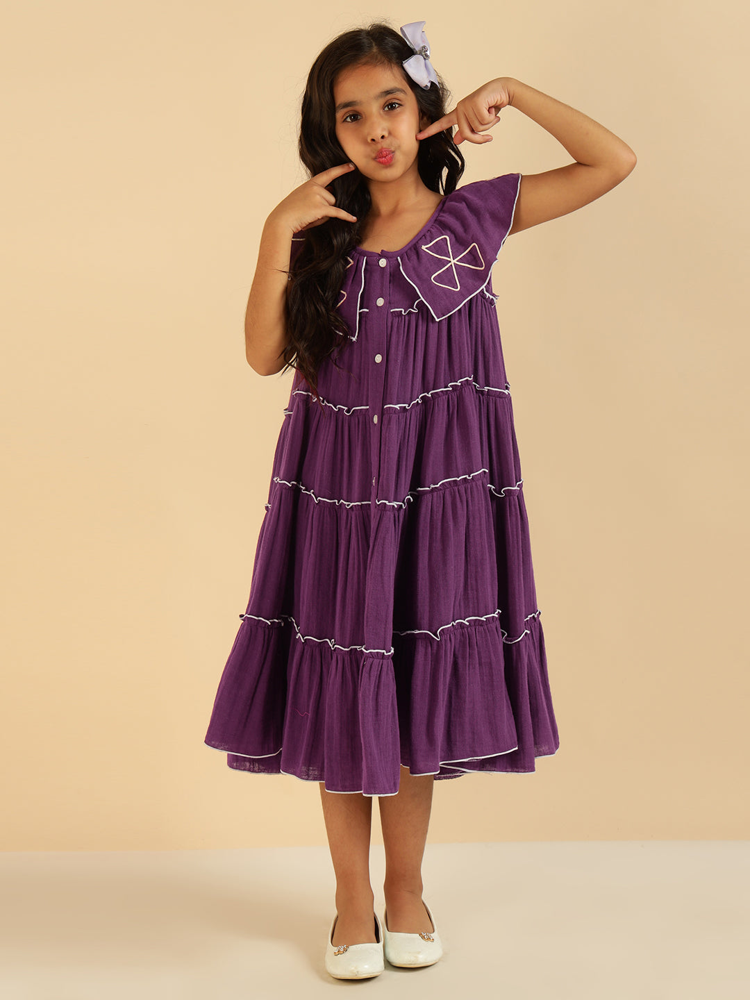 Purple Embroidered Tiered Girls Dress