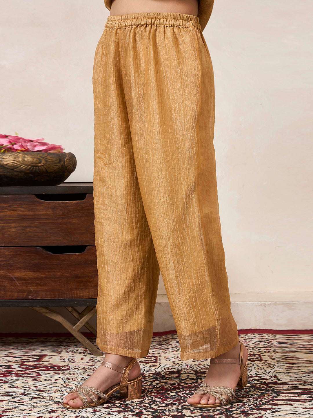 Golden Shimmer Butti Work Gathered Neck Kurta With Pant