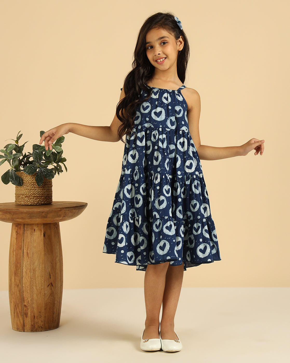 Pure Cotton Heart Print Tiered Girls Dress