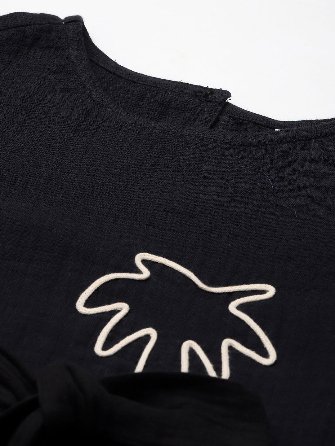 Black Embroidered Palm Motif Pure Cotton Dress For Girl