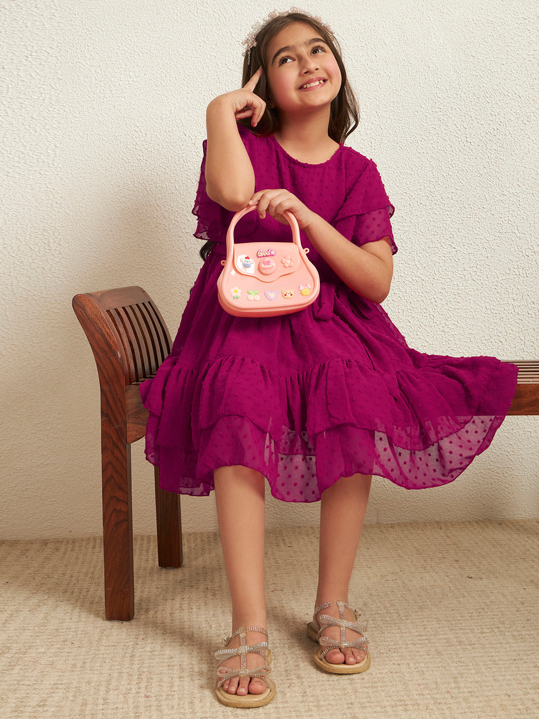 Girl's Magenta Dobby Georgette A-Line Tiered Dress
