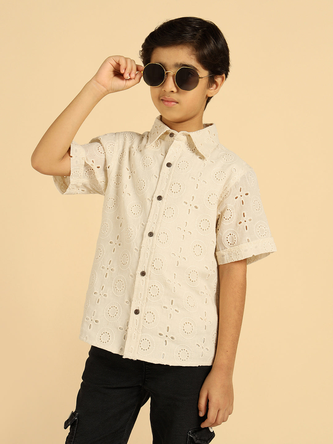 Casual Pure Schiffli Embroidered Shirt For Boys