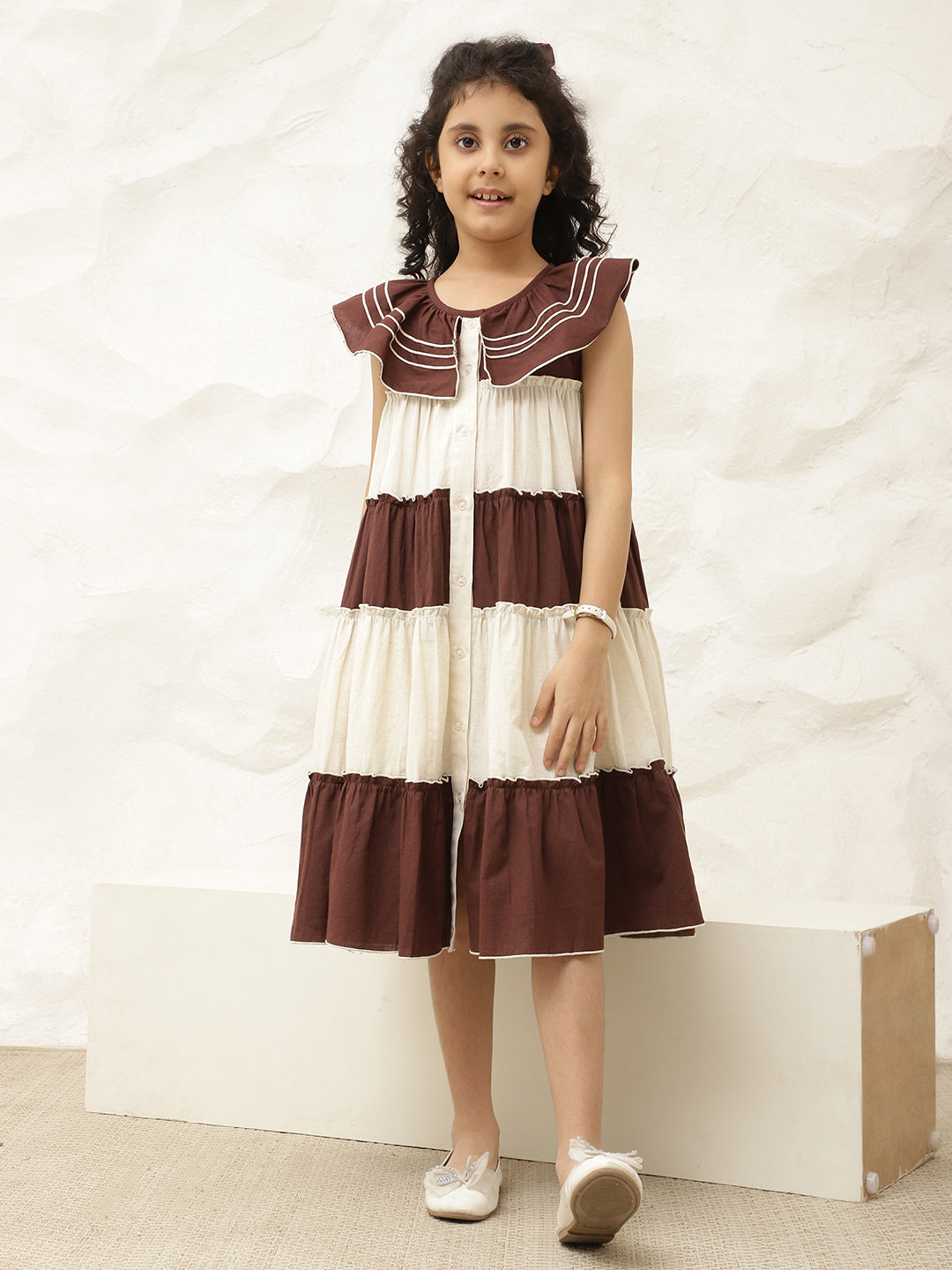 Pure Cotton Colorblock Embroidered Tiered Dress
