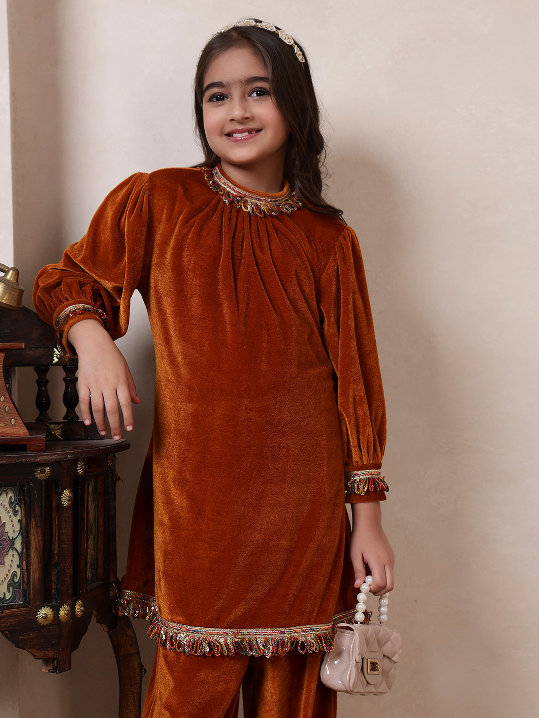 Mustard Velvet Band Collar Kurta Set