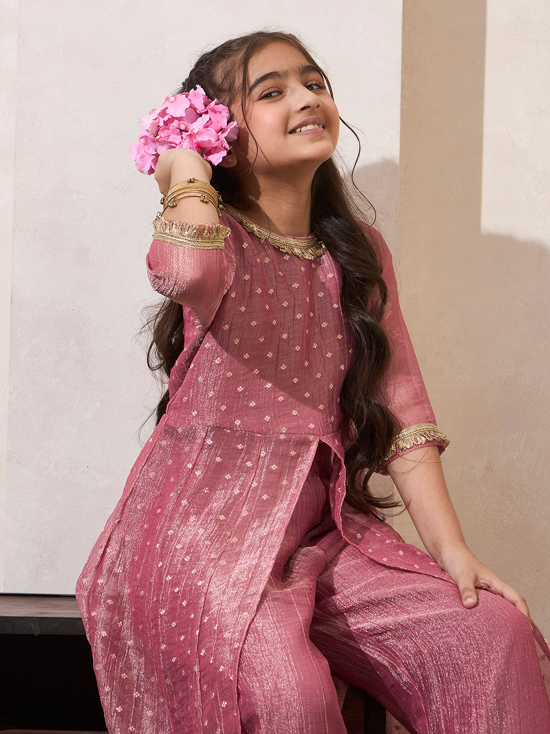 Girl's Pink Shimmer Butti Work Long Kurta & Pant Set