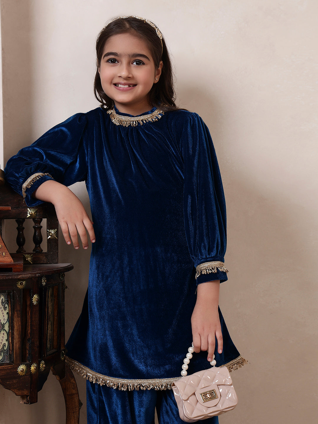 Teal Blue Velvet Band Collar Kurta Set