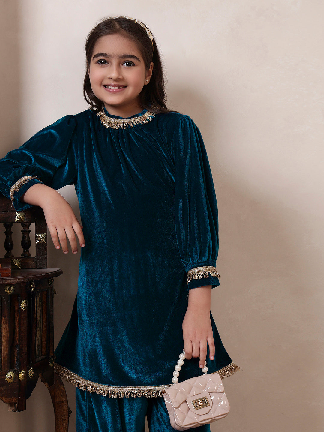 Teal Blue Velvet Band Collar Kurta Set