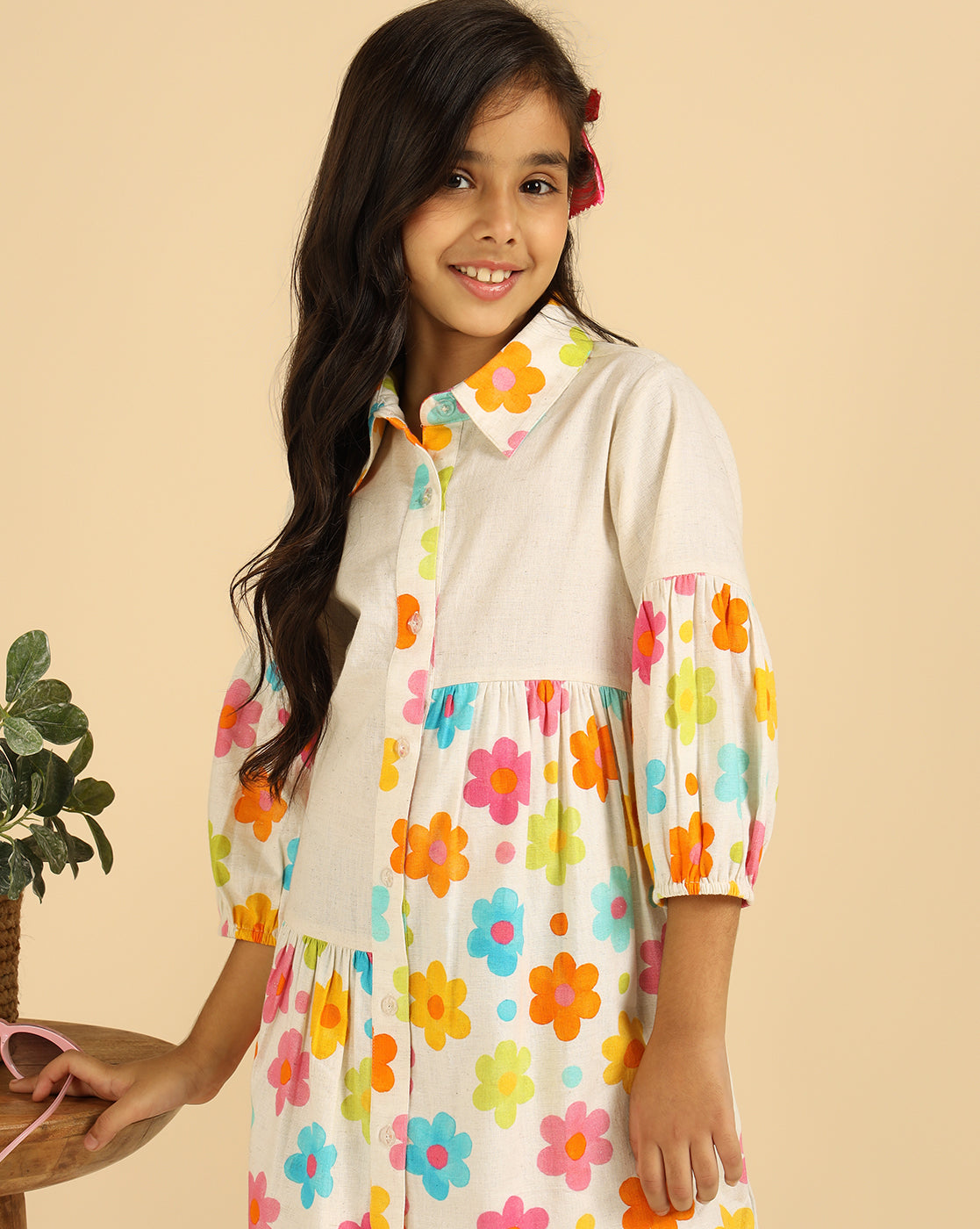 Off White Pure Cotton With Floral Printed Blocking Girls Tiered Shirt Dress