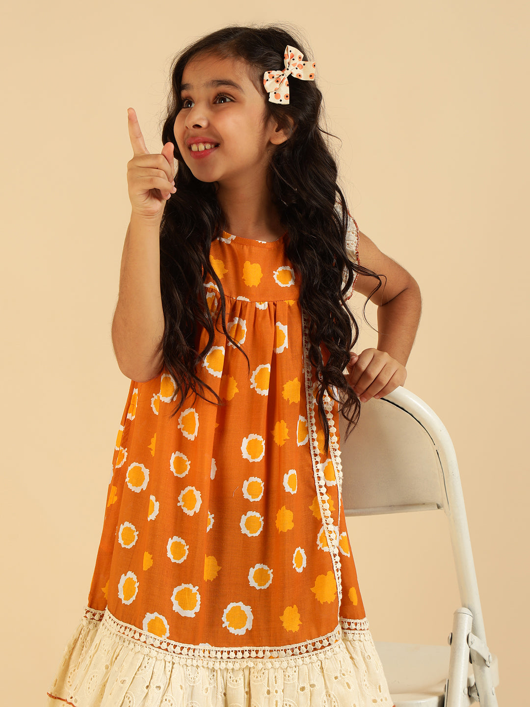 Schiffli Embroidered With Tan Brown Printed Tiered Layered Girls Dress