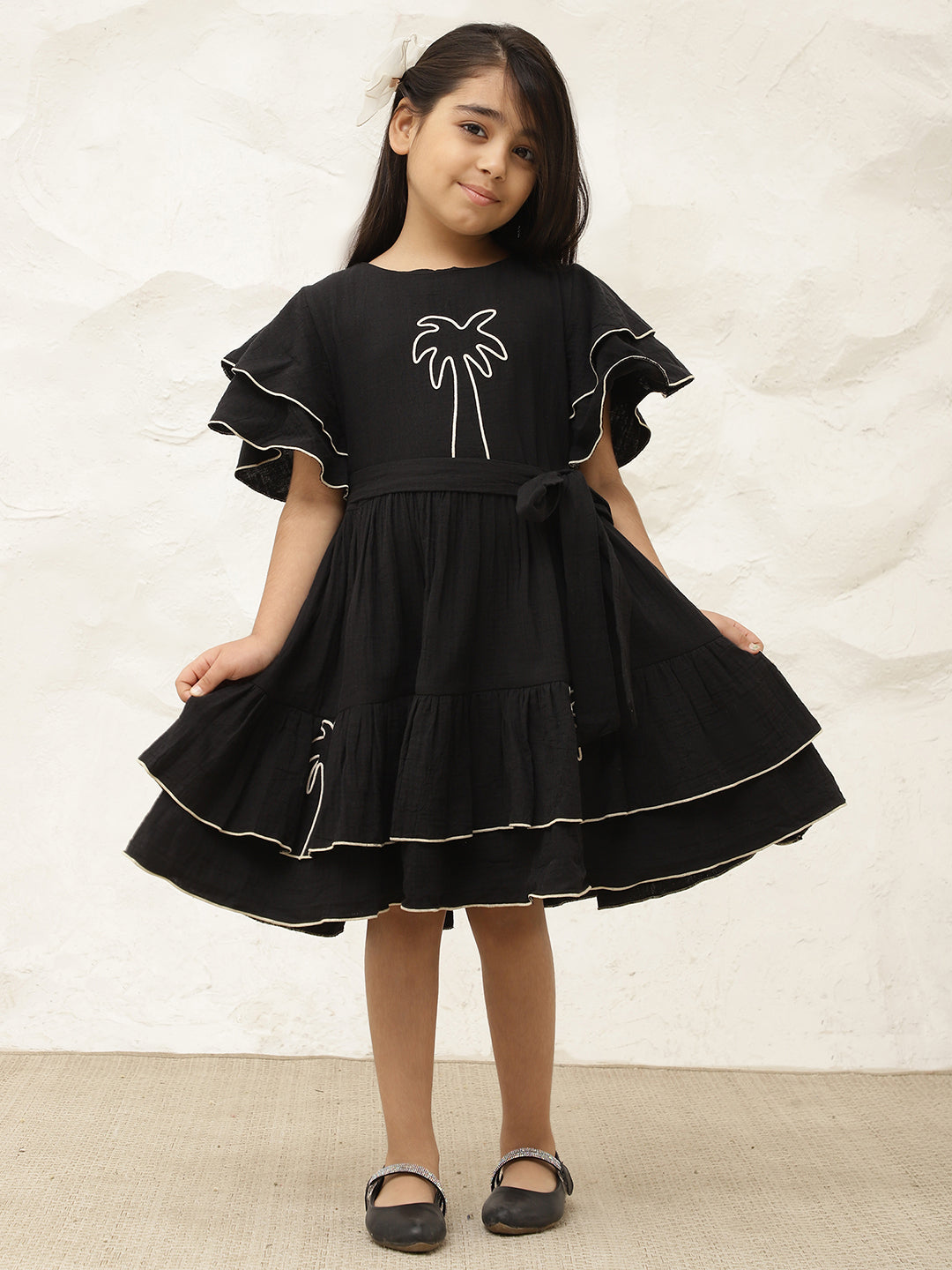 Embroidered Palm Motif Pure Cotton Gauze Dress For Girls