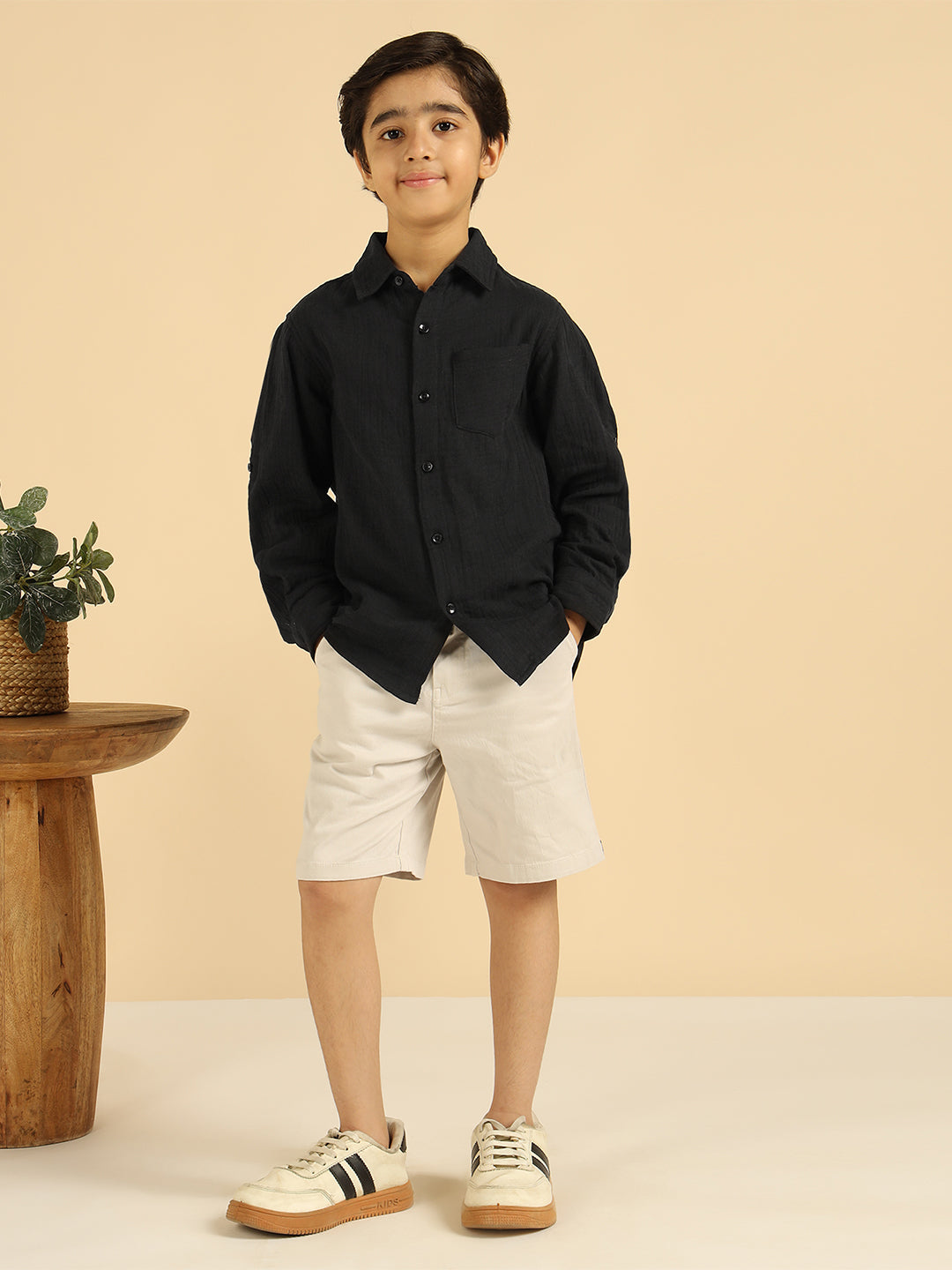 Black Pure Cotton Solid Boys Shirt
