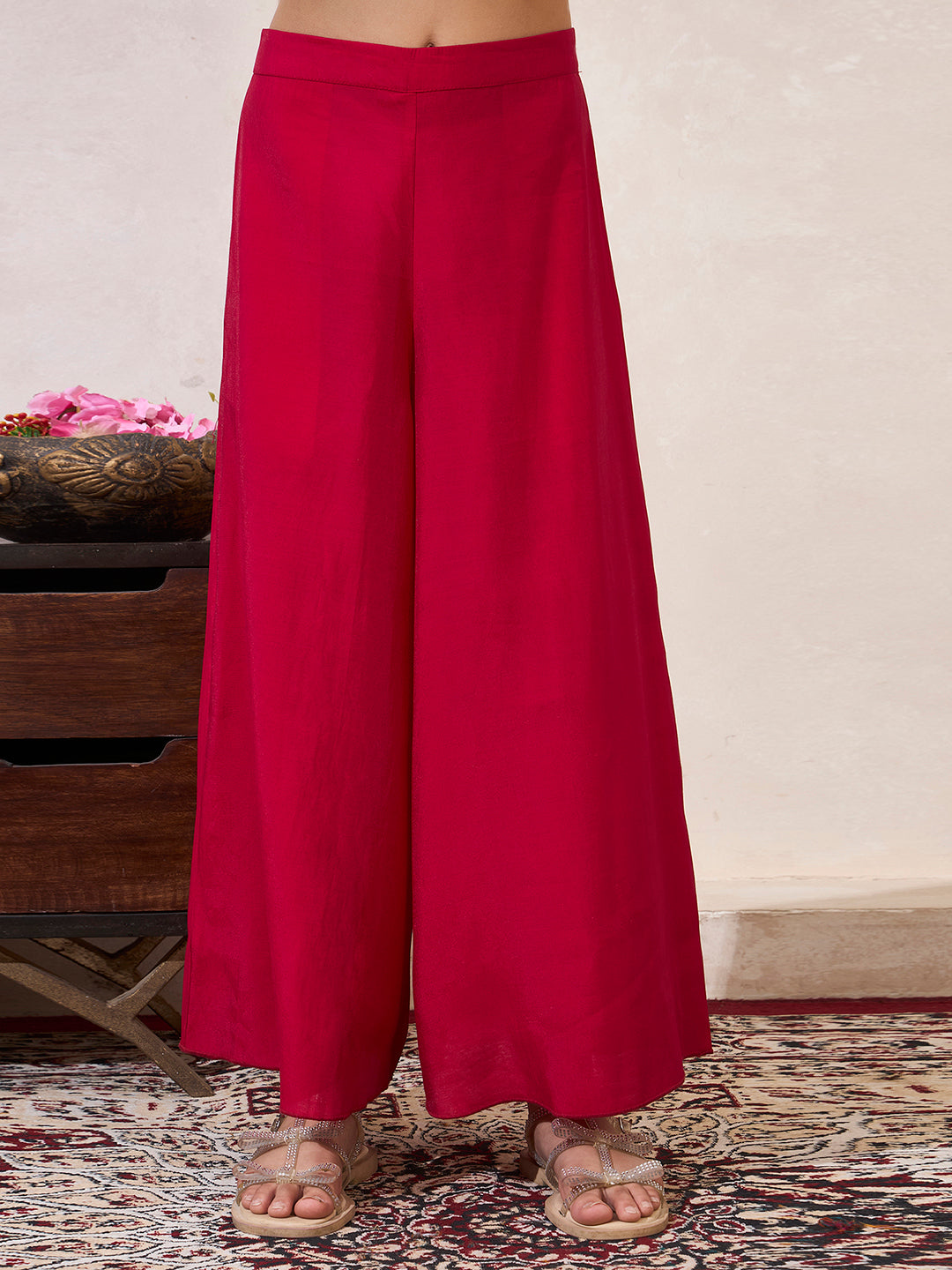 Magenta Floral Print Shrug With Top & Palazzo Set