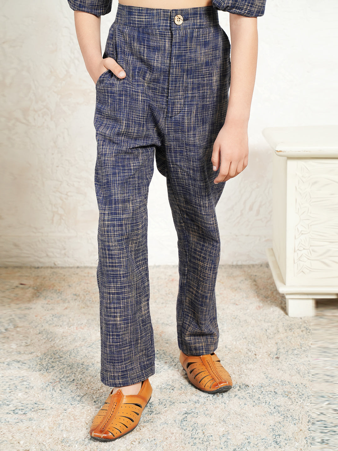 Navy Blue Pure Cotton Handloom Cotton Co-Ord Set For Boys