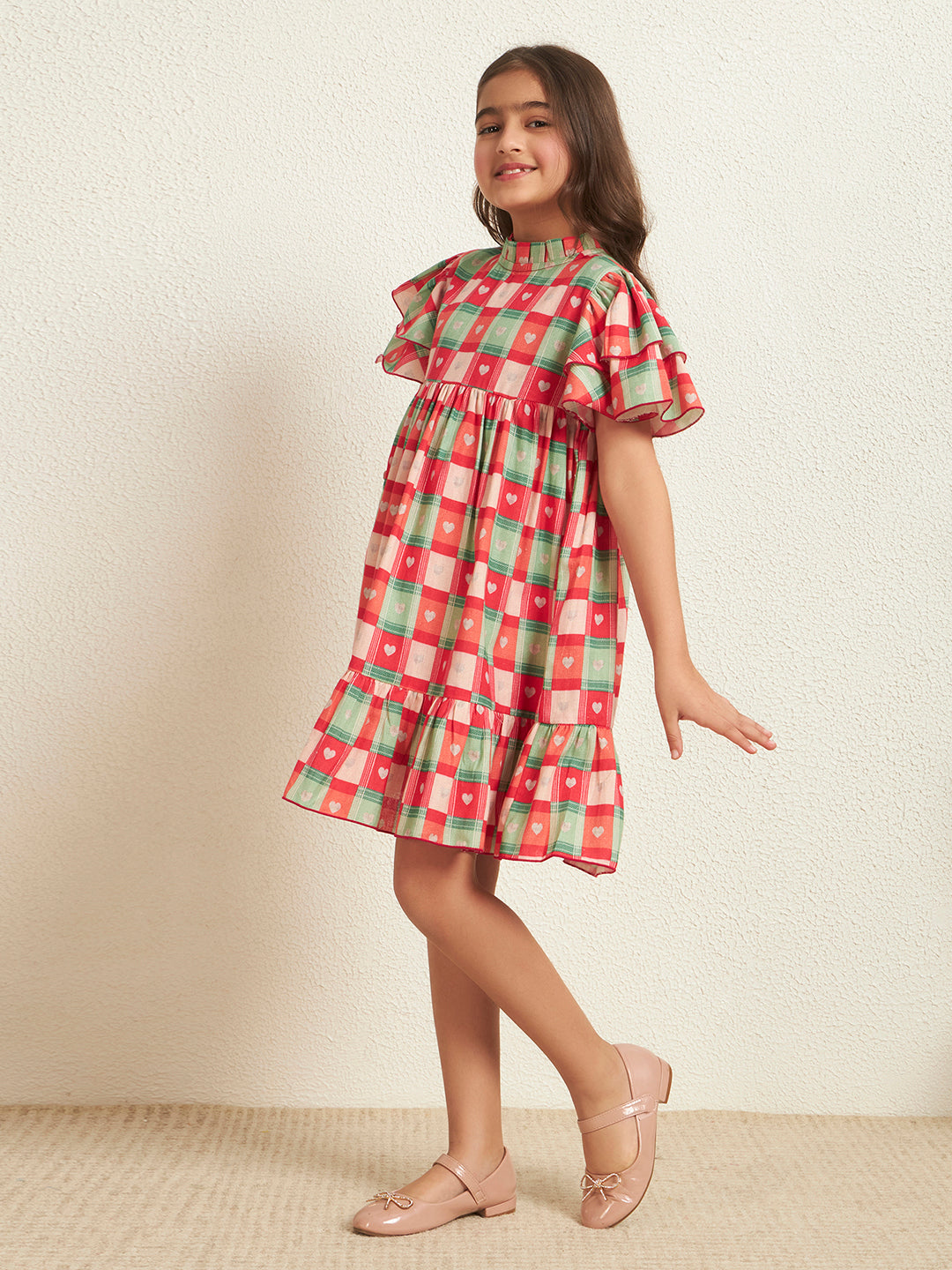 Girl's Multi Color Cotton Flex Check Print Knee Length Dress