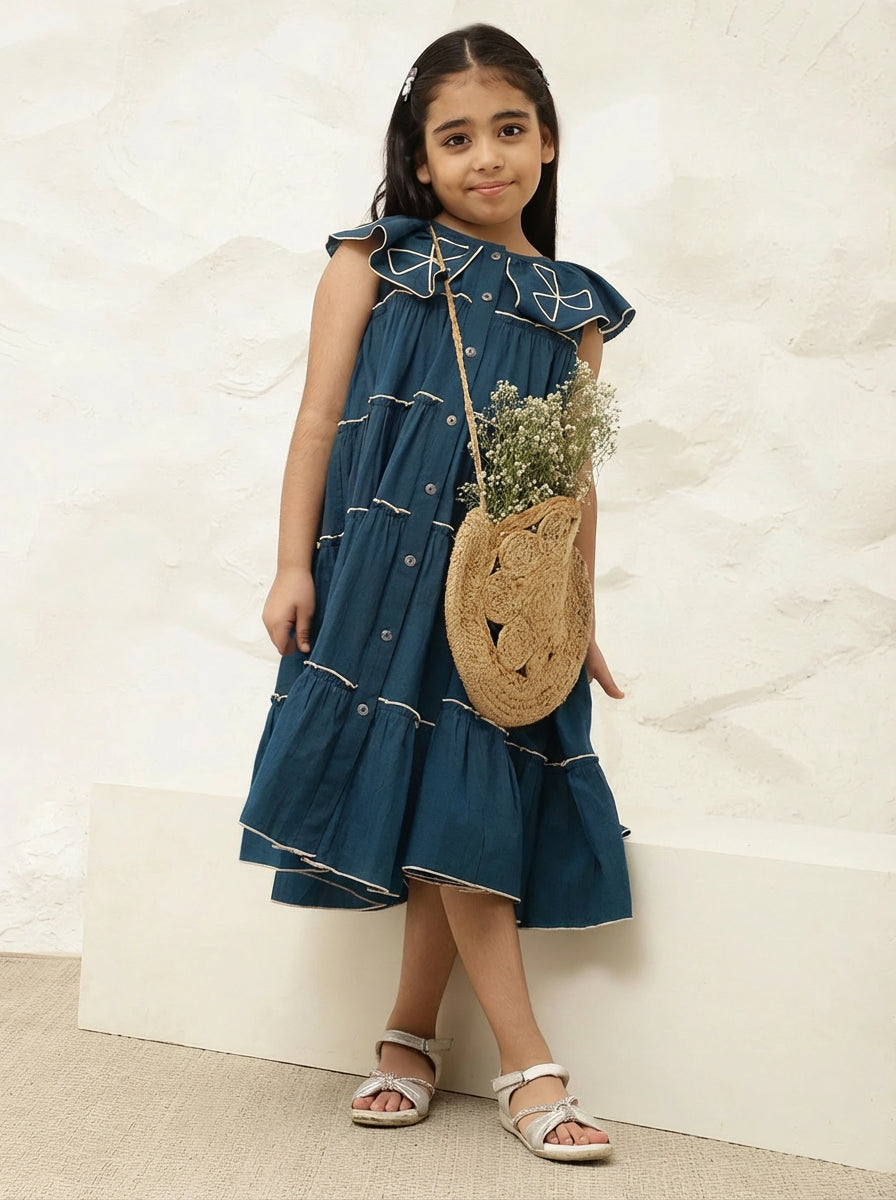 Pure Cotton Teal Embroidered Tiered Dress