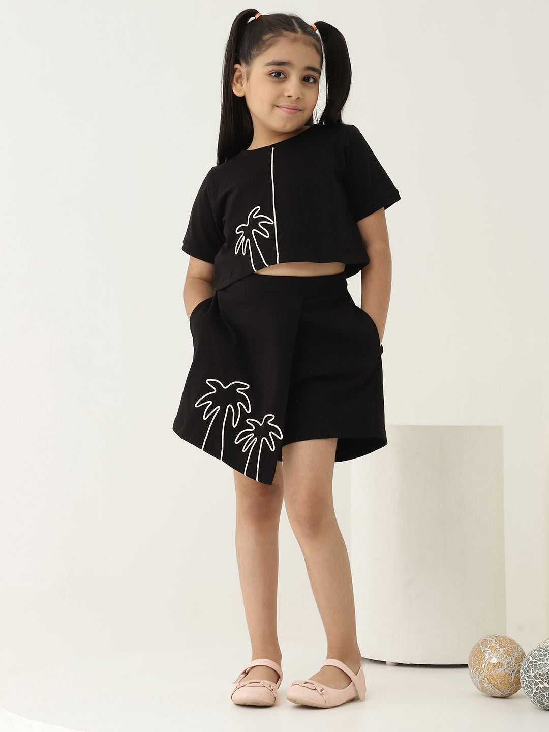 Black Pure Cotton Knit Crop Top & Skort Set