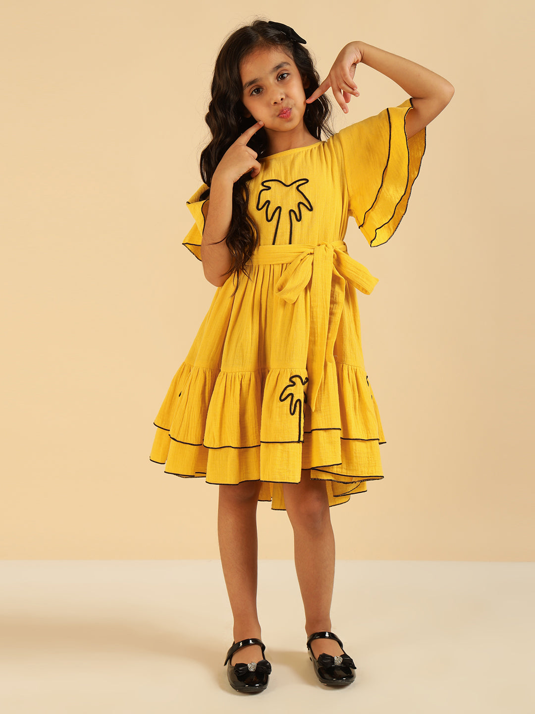 Yellow Embroidered Palm Motif Pure Cotton Gauze Girls Dress