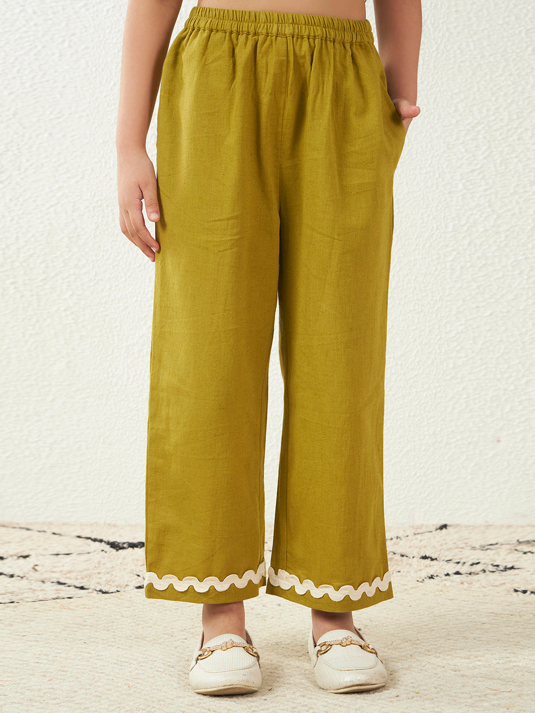 Olive Green Cotton Flex Shoulder Straps Top With Pant Set