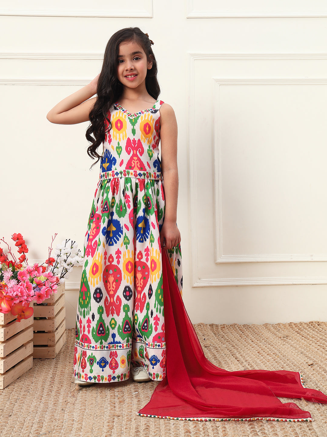 Muti Print Top With Skirt & Dupatta Girls Co-ord Set