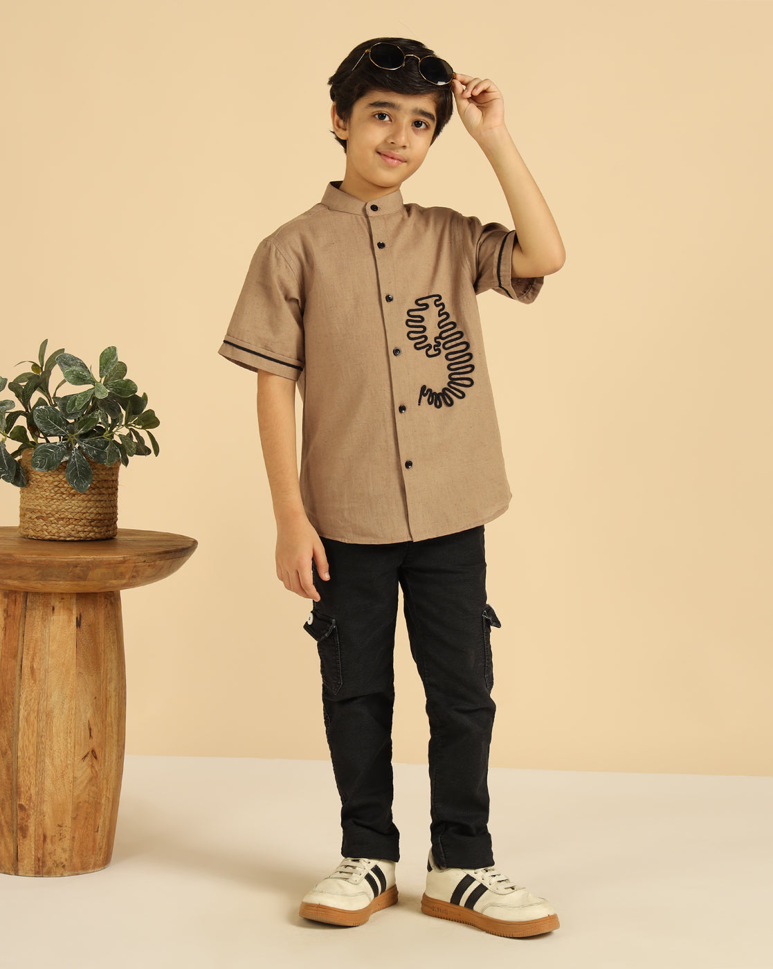 Embroidered Beige Casual Boys Shirt