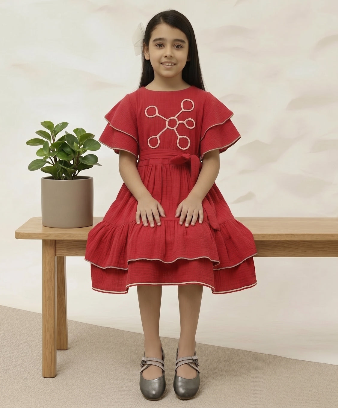 Red Cotton Round Neck Bell Sleeve Above Knee Length Dress For Girls