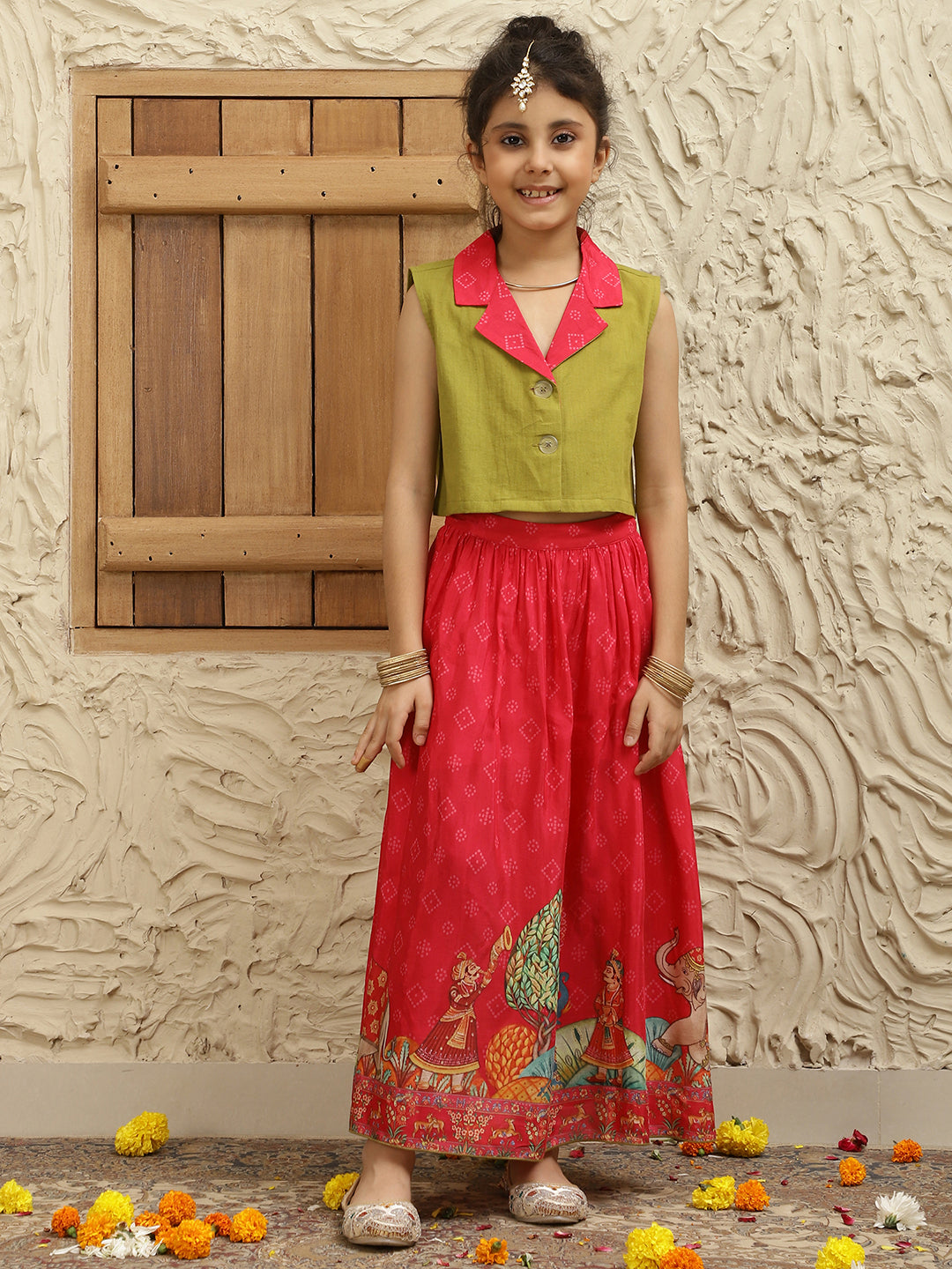 Solid Blazer With Printed Lehenga Set