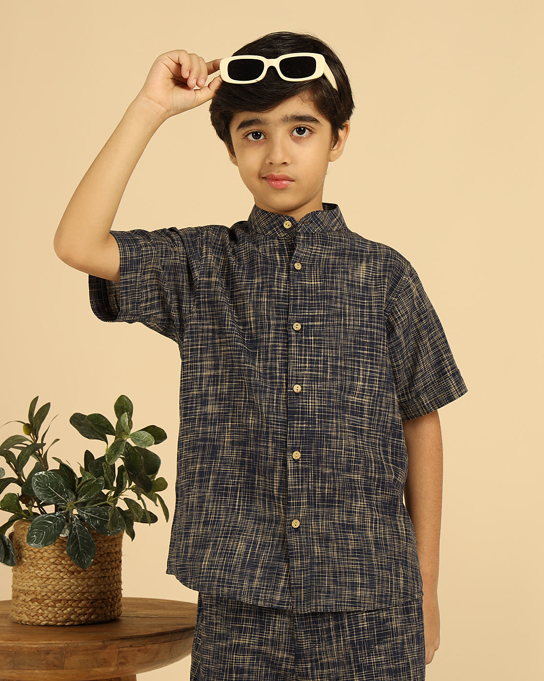 Navy Blue Pure Cotton Khadi Shirt With Shorts Boys Co-Ord Set