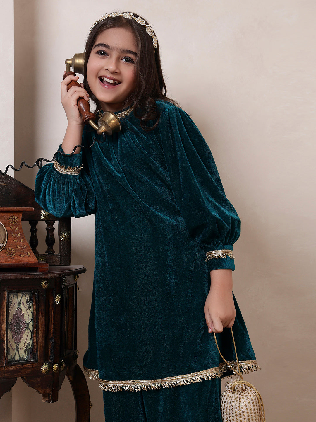 Velvet Band Collar Neck Style Kurta Set