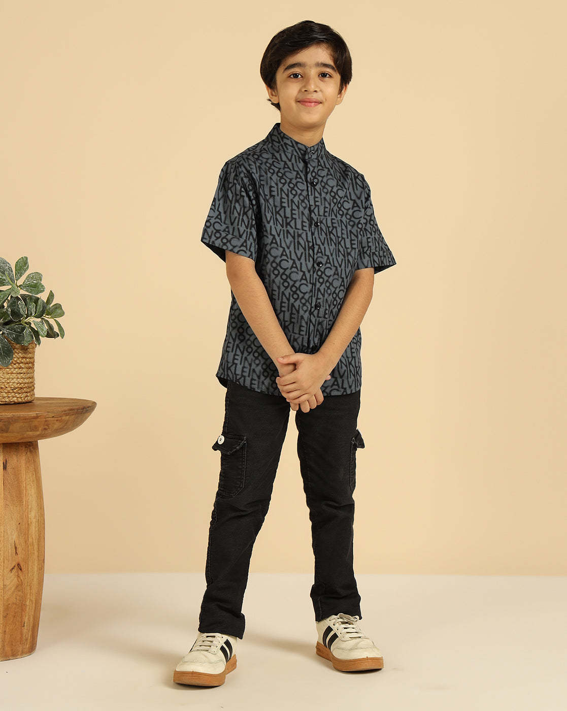 Pure Cotton Grey Alphabetic Printed Boys Shirt