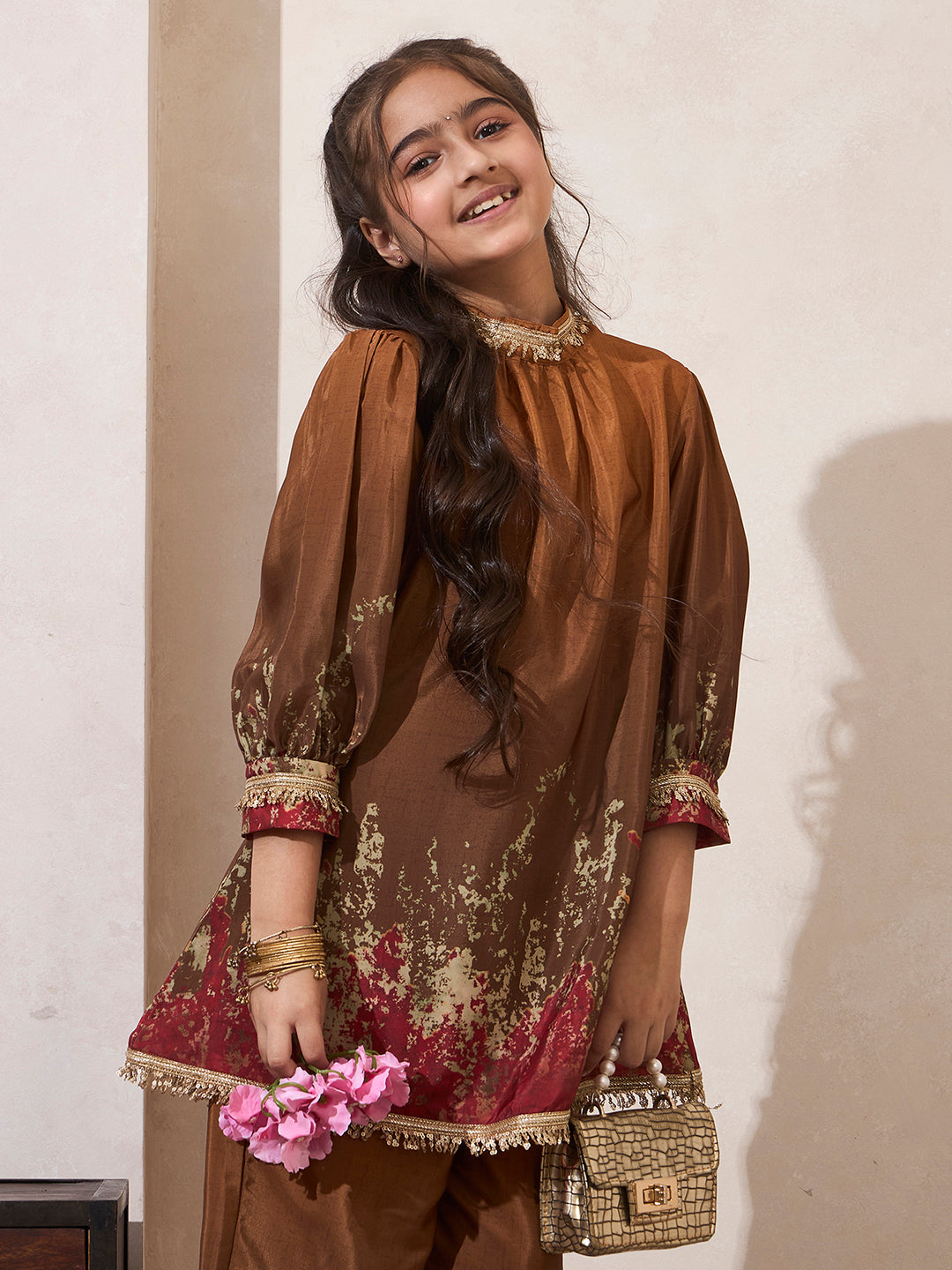 Tie-Dye Mustard Gathered Neck Kurta With Pant