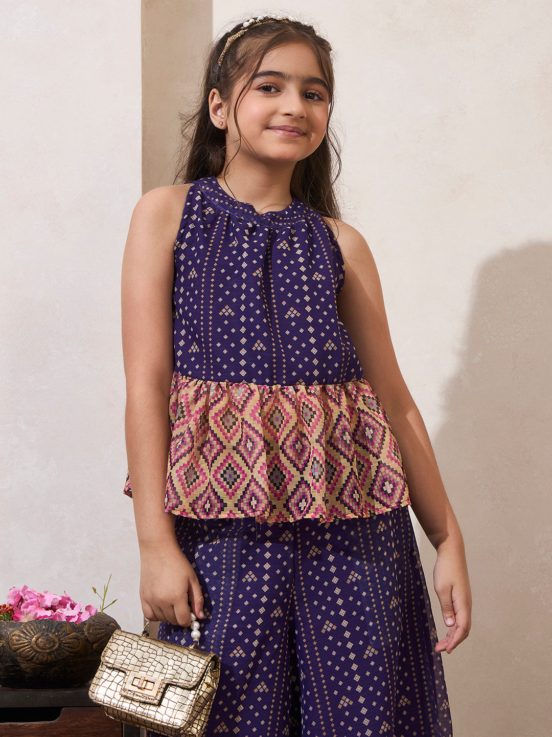 Girl's Purple B&hani Print Chiffon Peplum Top & Palazzo Set
