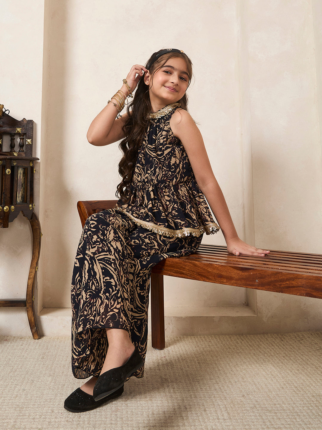 Girl's Black & Beige Abstract Print Chiffon Peplum Top & Palazzo Set