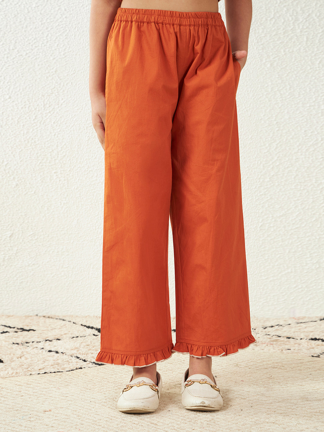 Girls Tan Brown Cotton Poplin Dori Work Top & Frill Pant Co-Ord Set
