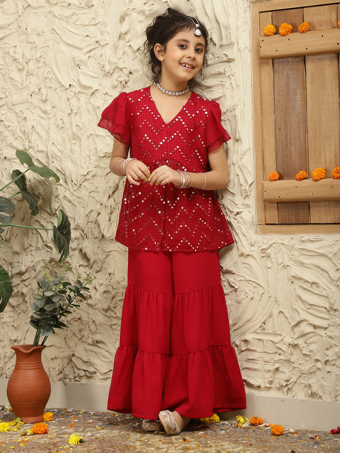 Pure Georgette Fusion Set With Bell Sleeves And Sharara