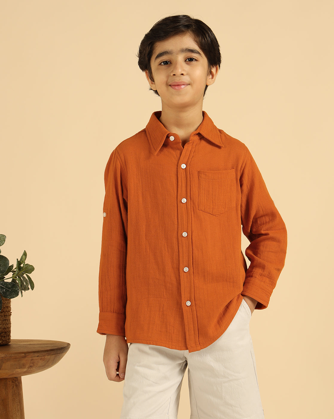 Pure Cotton Tan Brown Solid Boys Shirt