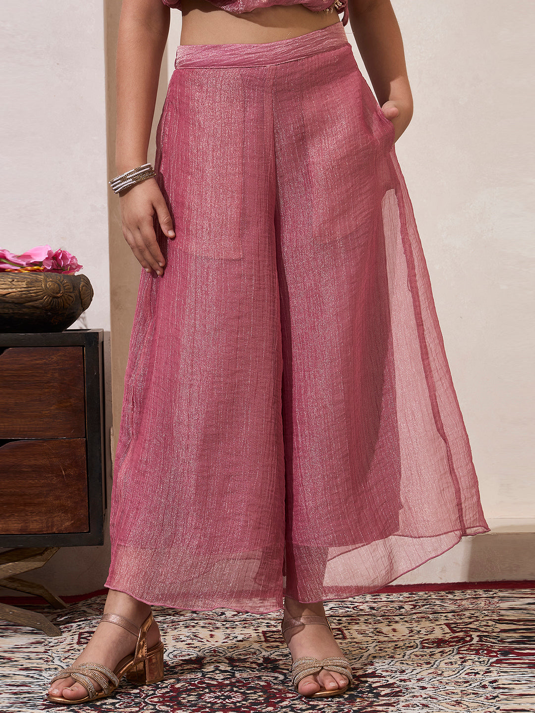 Pink Shimmer One Shoulder Kurta With Palazzo
