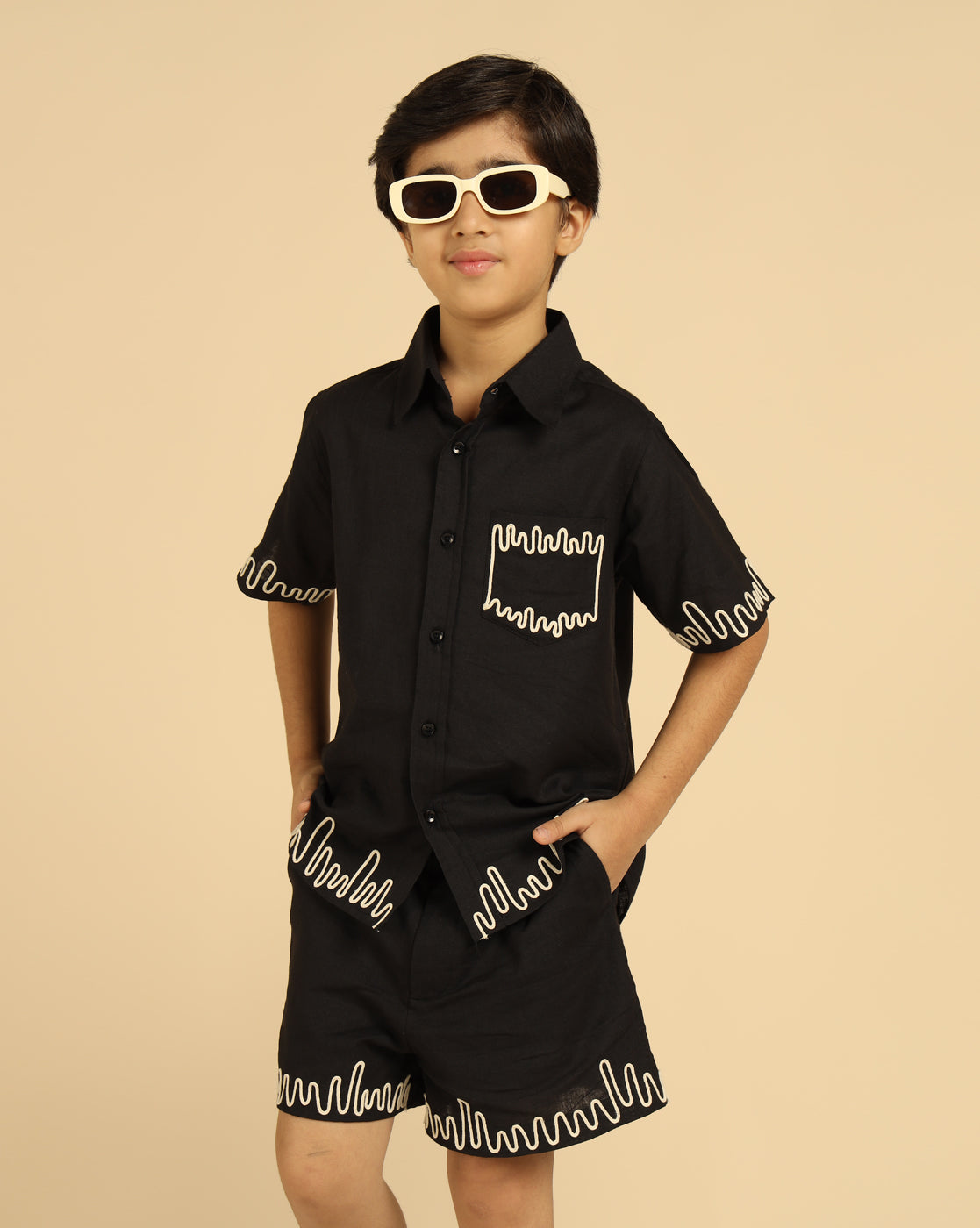 Black Embroidered Shirt With Short For Boys