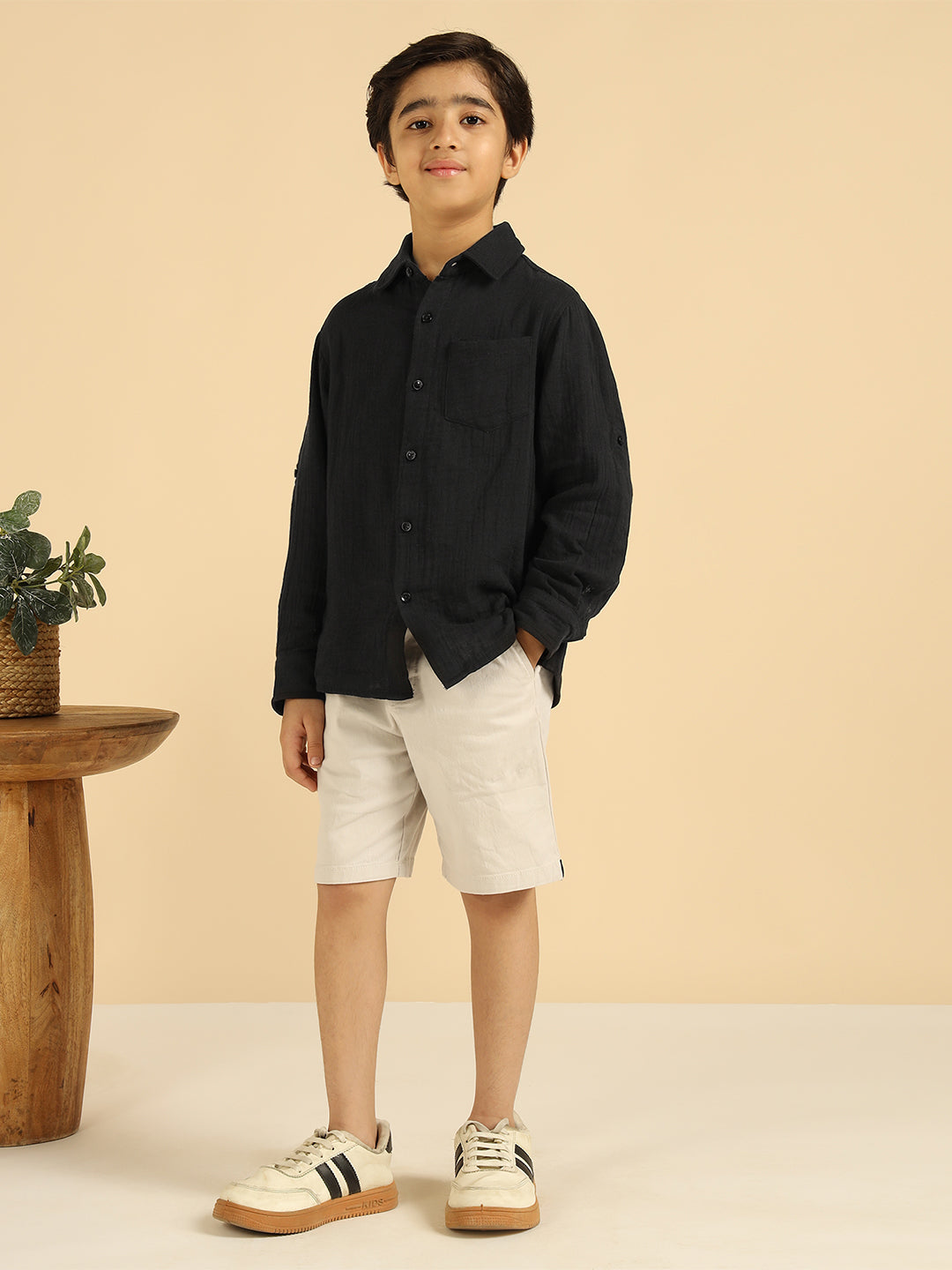 Black Pure Cotton Solid Boys Shirt