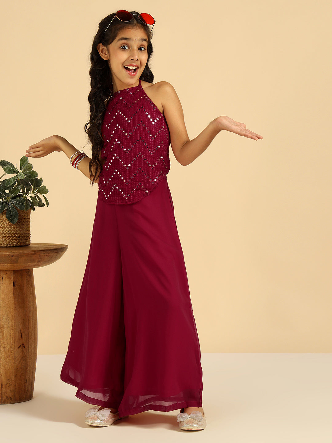 Magenta Embroidered Top With Sharara Girls Co-Ord Set