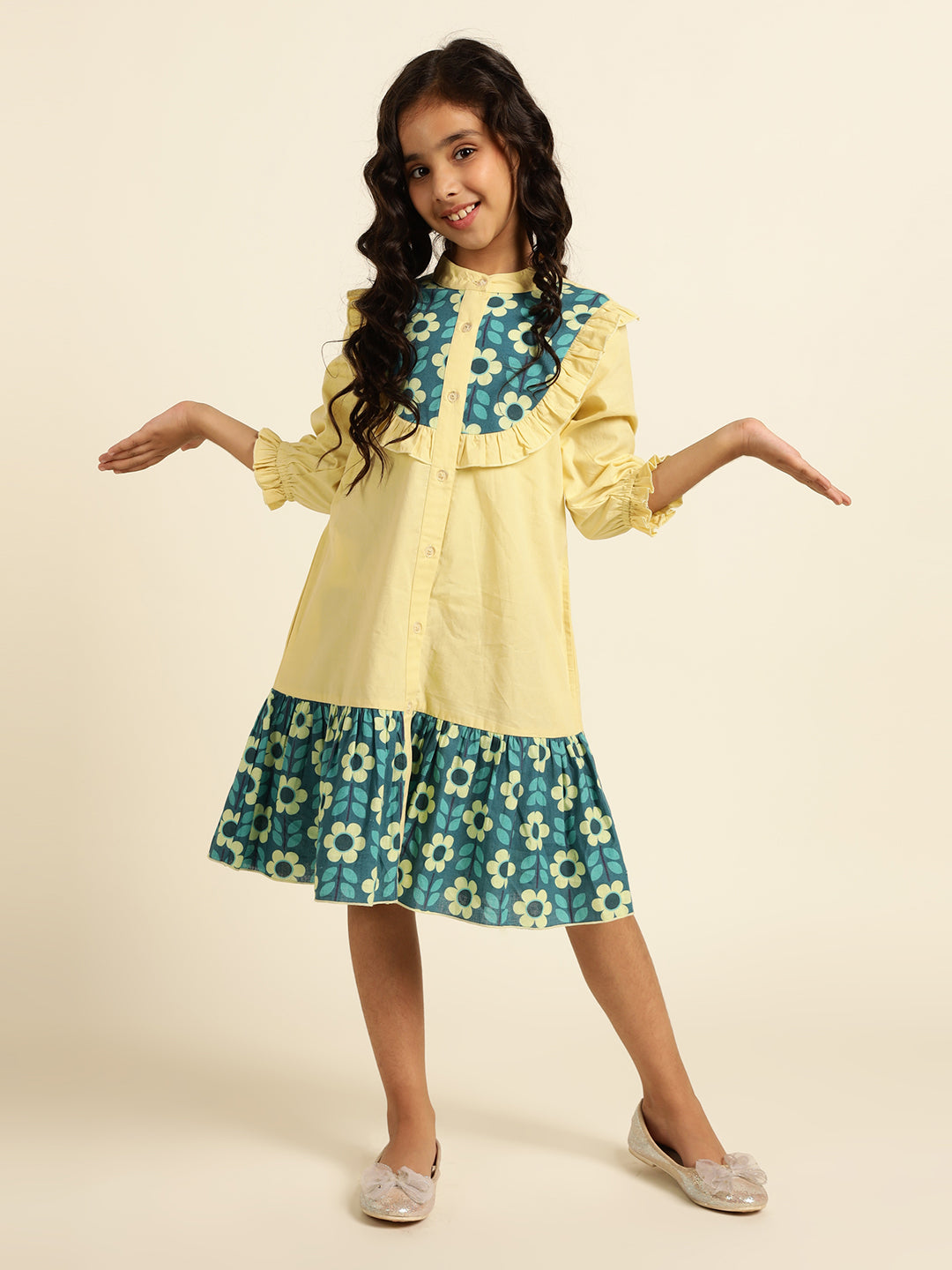 Pure Cotton Floral Printed Girls Tiered Shirt Dress