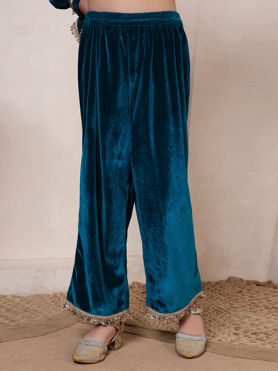 Teal Blue Velvet Band Collar Kurta Set