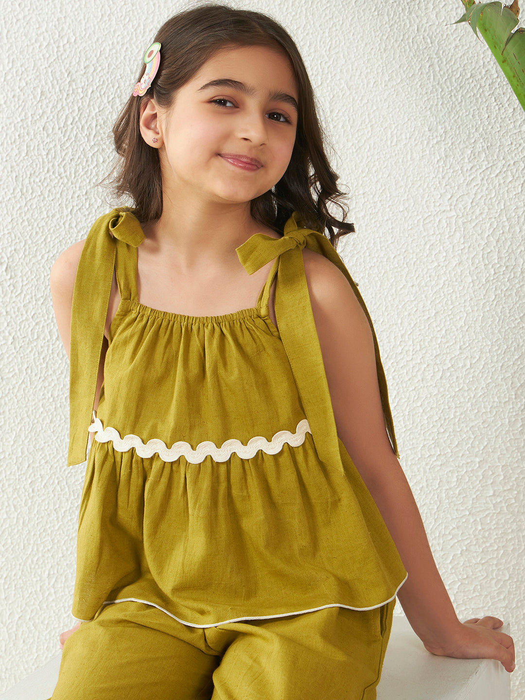 Olive Green Cotton Flex Shoulder Straps Top With Pant Set