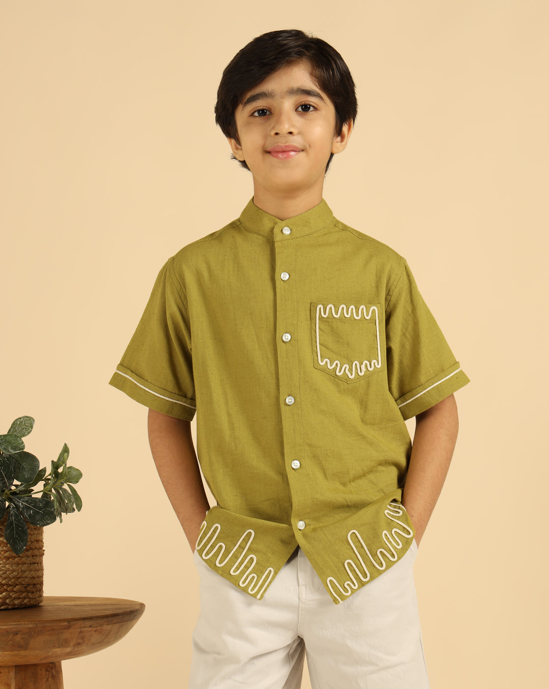 Lemon Yellow Embroidered Causal Boys Shirt