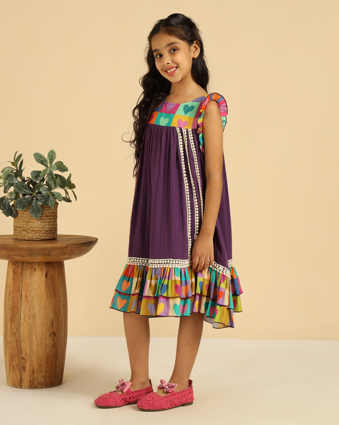 Multi-Color Heart Printed Tiered Girls Dress