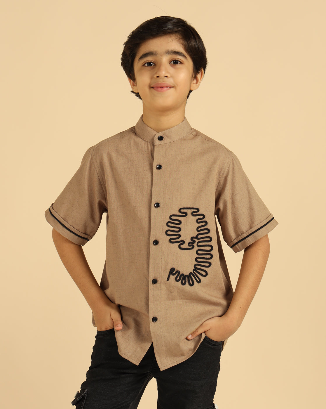 Embroidered Beige Casual Boys Shirt